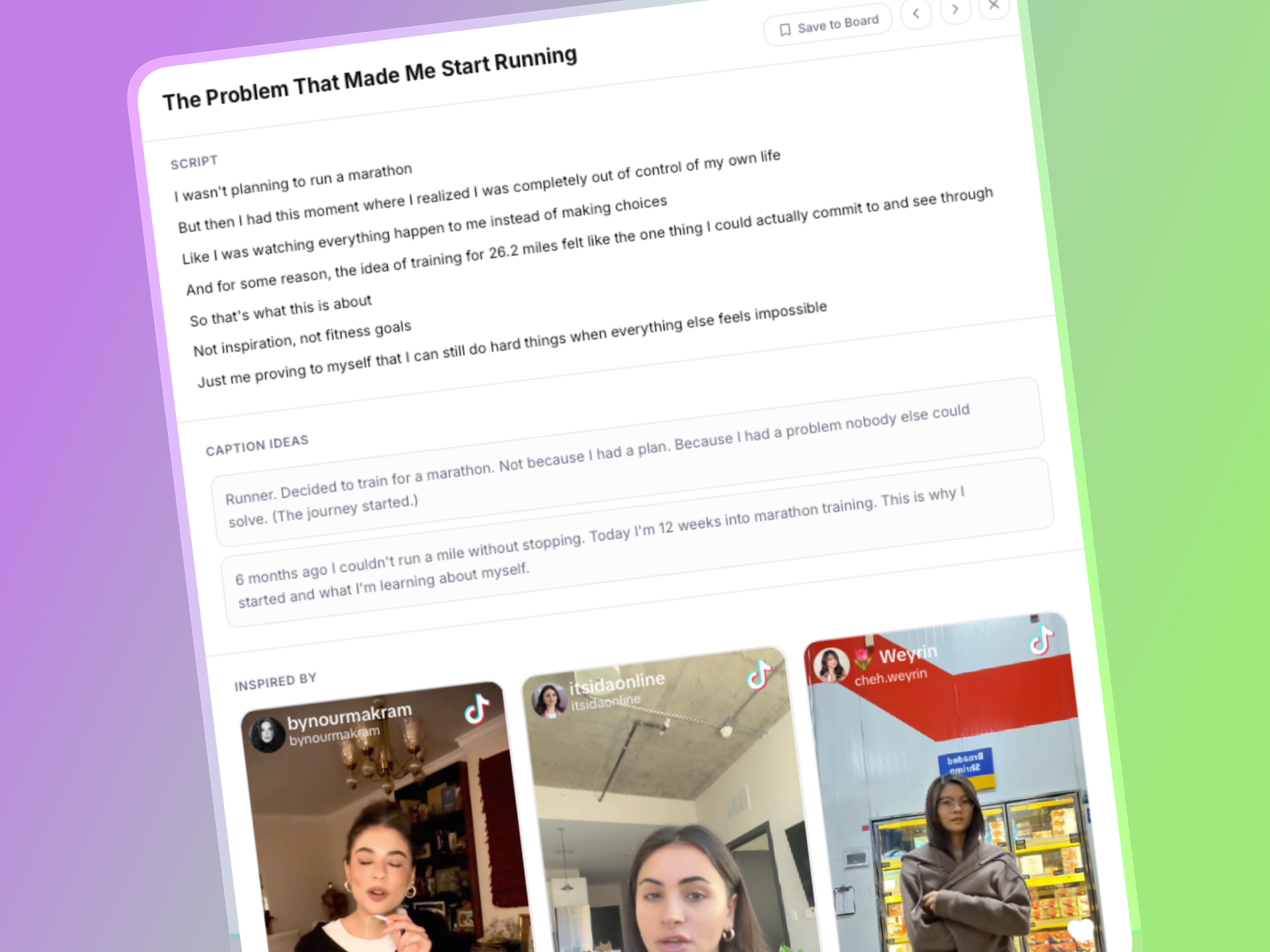 Idea generation showing script lines, caption ideas, and inspired-by videos