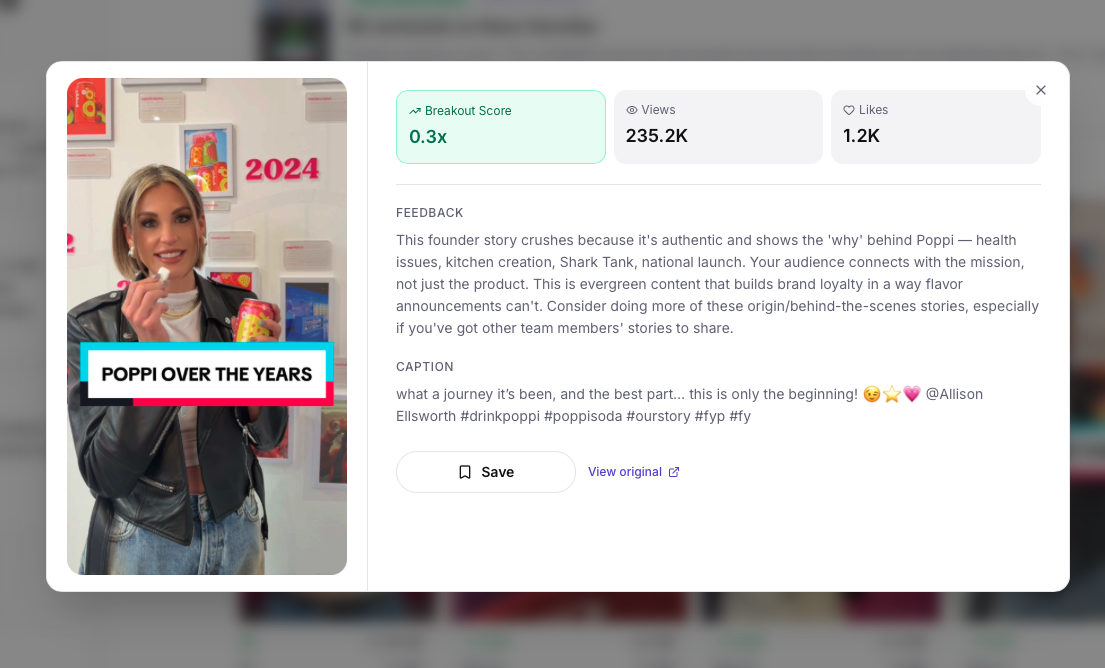 Inspotta post analysis showing breakout score, feedback, and caption